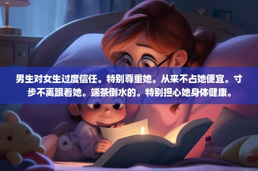 男生对女生过度信任。特别尊重她。从来不占她便宜。寸步不离跟着她。端茶倒水的。特别担心她身体健康。